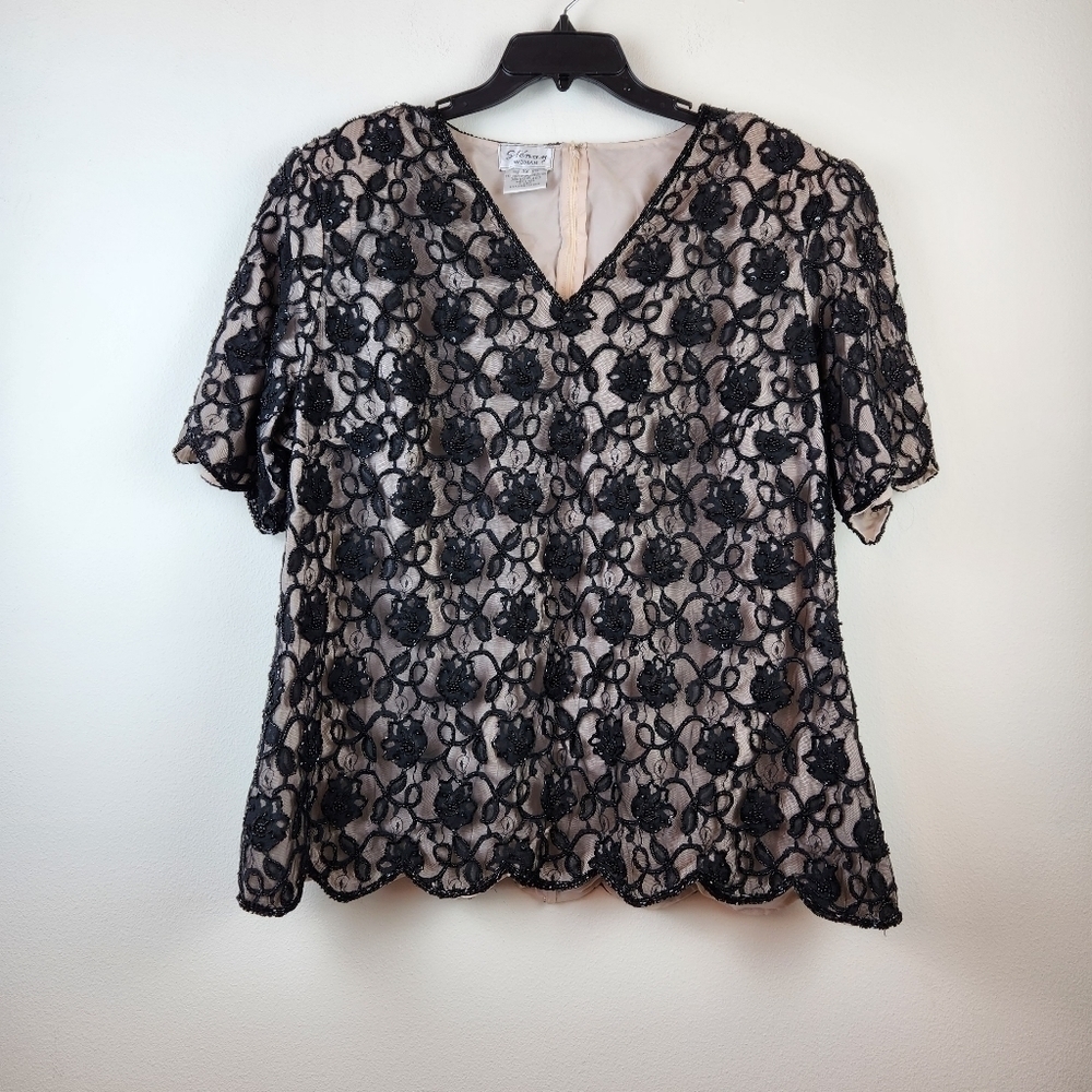 Stenay Woman Plus beaded scalloped hem shoulder pads V-neck black top 3X